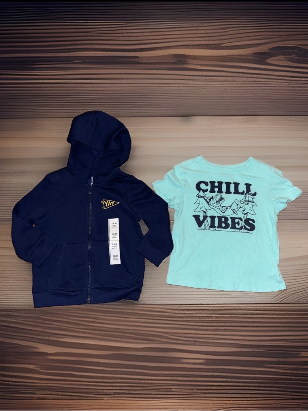 Toddler Cat & Jack Navy Zip-Up Hoodie W/YAY In Yellow Jacket W/ Old Navy T-Shirt